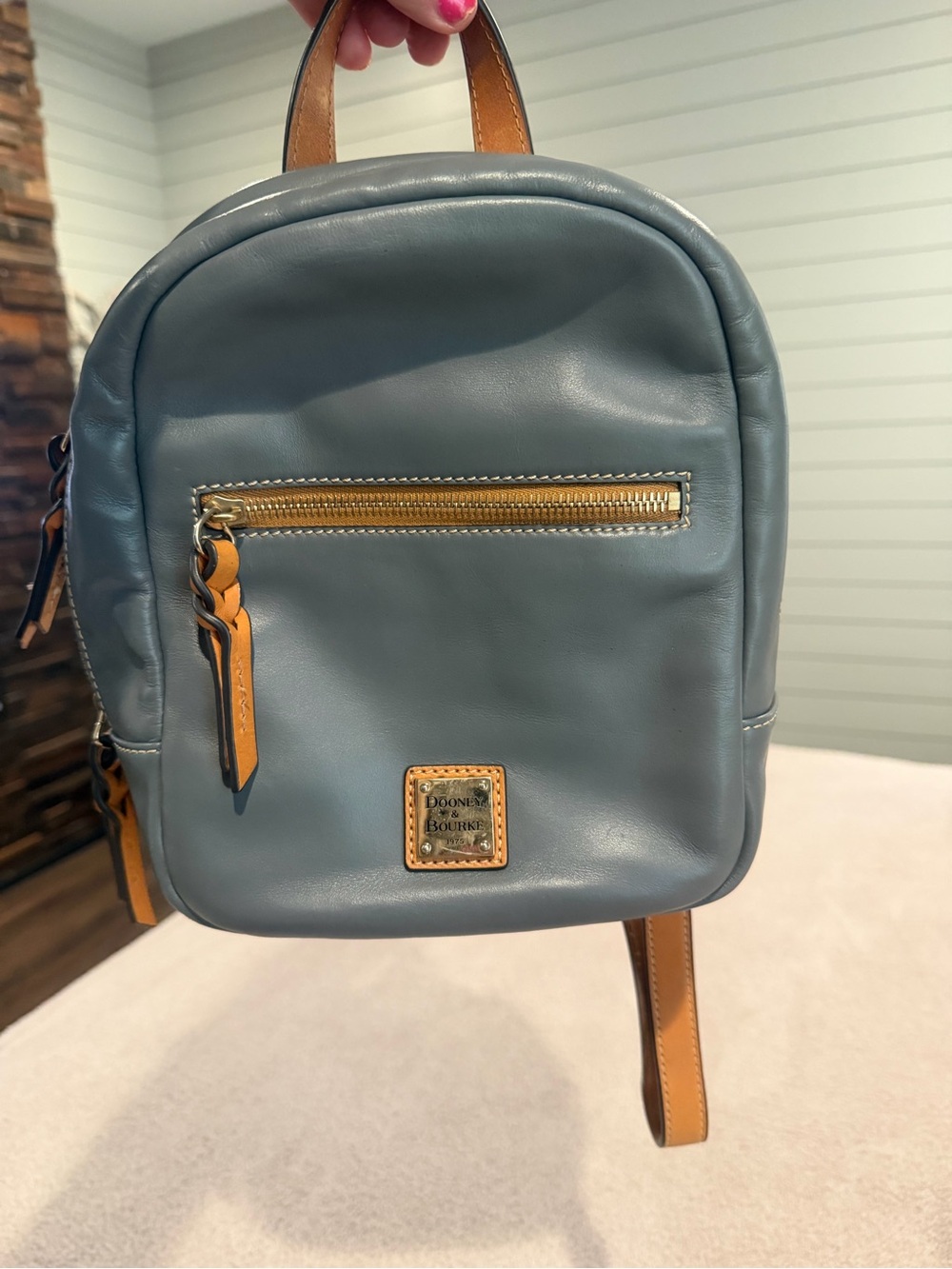Dooney & Bourke Slate Blue Leather Mini Backpack with Tan Trim